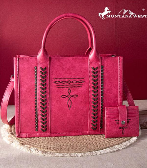 Boot Stitch Tote Wallet Set - Hot Pink