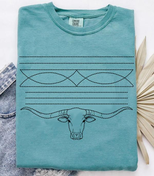 Boot Stitch Longhorn Tee - Seafoam