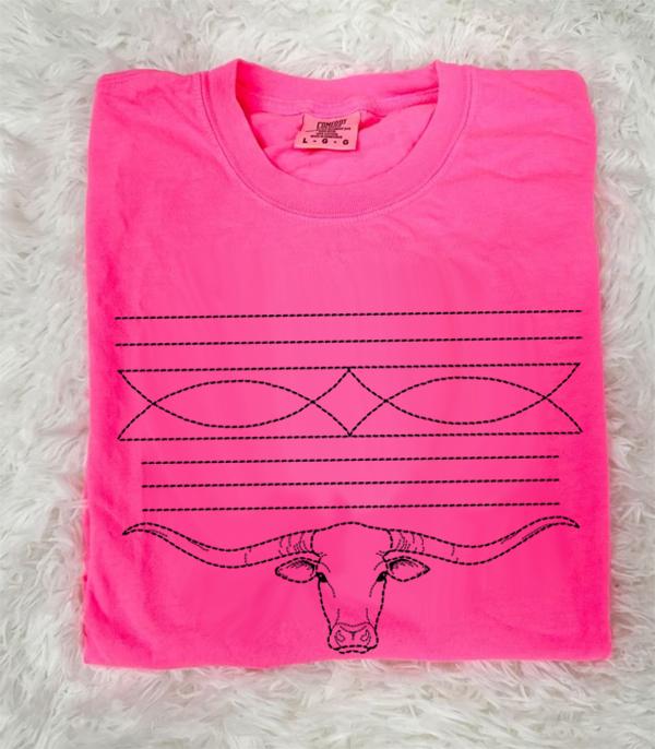 Boot Stitch Longhorn Tee - Neon Pink