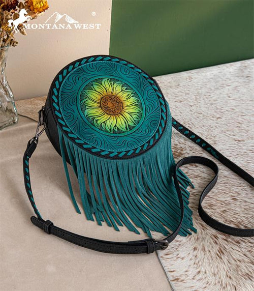 Tooled Sunflower Crossbody Purse - Turquoise