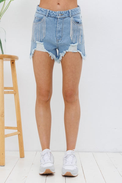 Dolly Frayed Rhinestone Denim Shorts