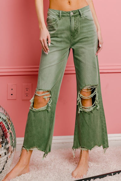 Distressed Vintage Washed Wide Leg Pants - Multiple Colors