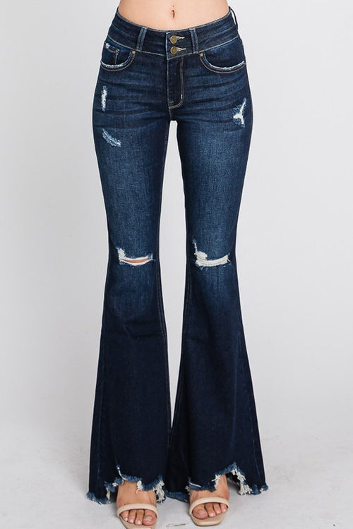 PETITE High Rise Destroyed Super Flare Jeans