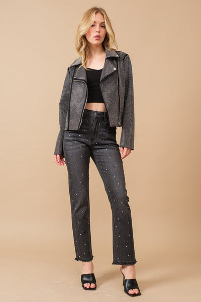 Carrie Crystal Studded Stretch Zip Up Moto Jacket
