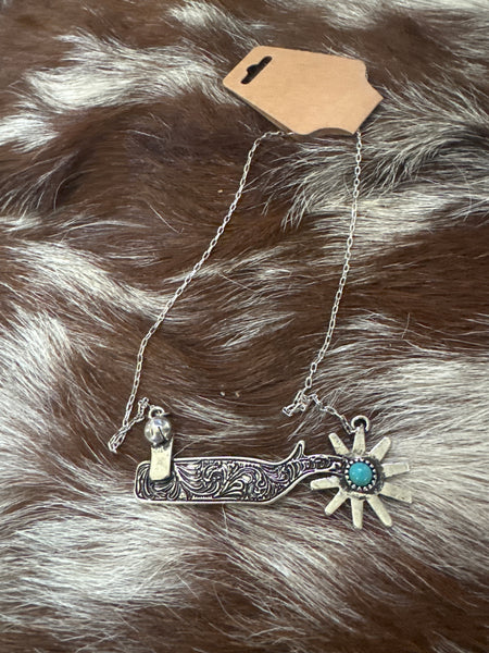 COWBOY BOOTS SPUR NECKLACE - SILVER / TURQUOISE