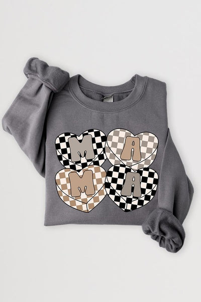 Mama Hearts Checker Graphic Fleece Sweatshirts