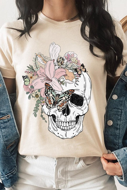 Floral Skull Graphic Tee - Multiple Colors