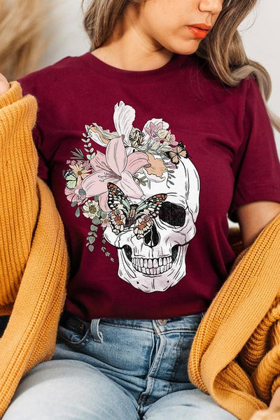 Floral Skull Graphic Tee - Multiple Colors