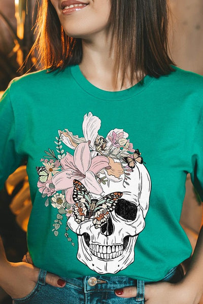 Floral Skull Graphic Tee - Multiple Colors