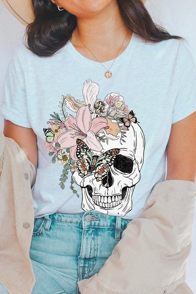 Floral Skull Graphic Tee - Multiple Colors