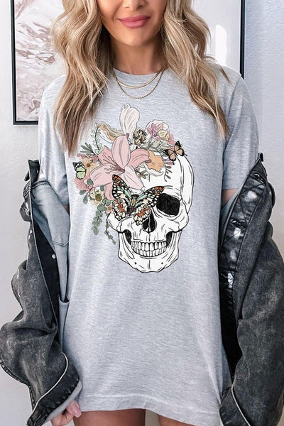 Floral Skull Graphic Tee - Multiple Colors