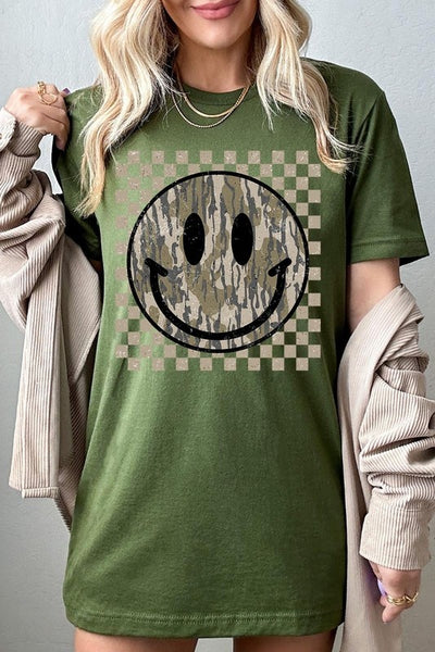 Retro Camo Smiley Face Graphic Tee