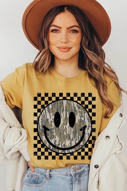 Retro Camo Smiley Face Graphic Tee