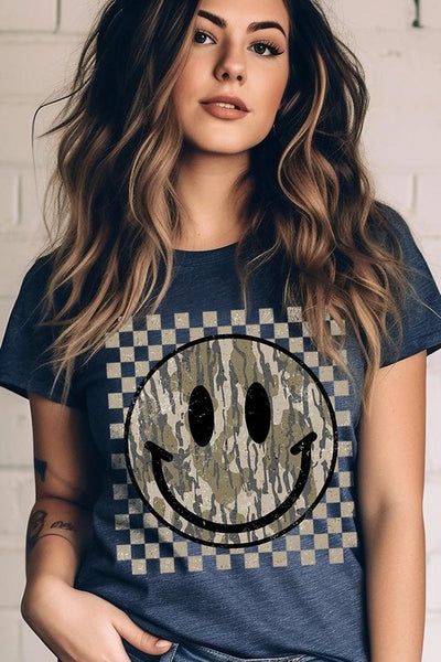 Retro Camo Smiley Face Graphic Tee