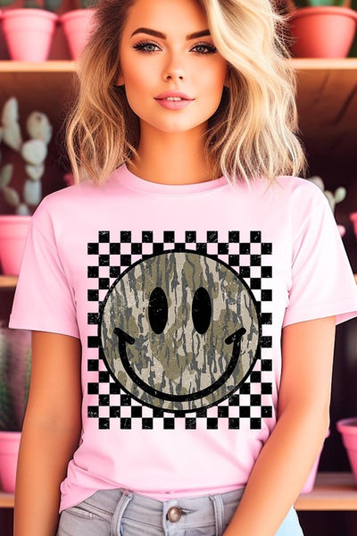 Retro Camo Smiley Face Graphic Tee