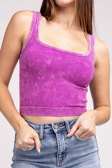 Washed Ribbed Cropped Tank - Neon Coral Fuchsia