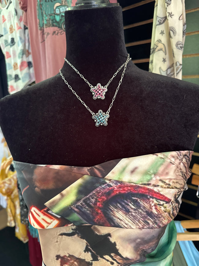 Checkered Star Necklace - 3 COLORS