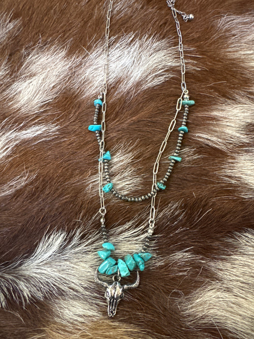 Spencer Steer Turquoise Silver Pearl Layered Necklace