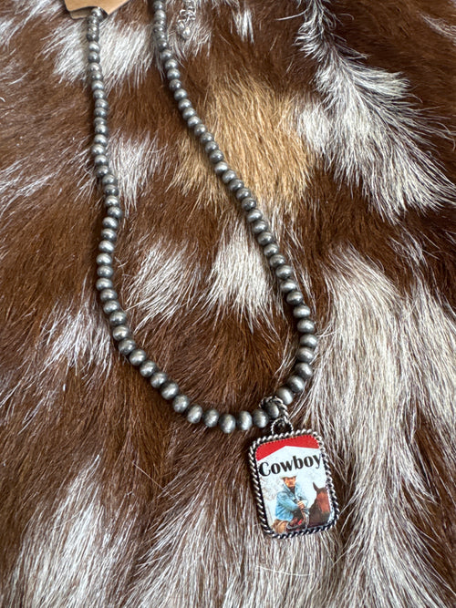 Western Cowboy Portrait Beaded Necklace