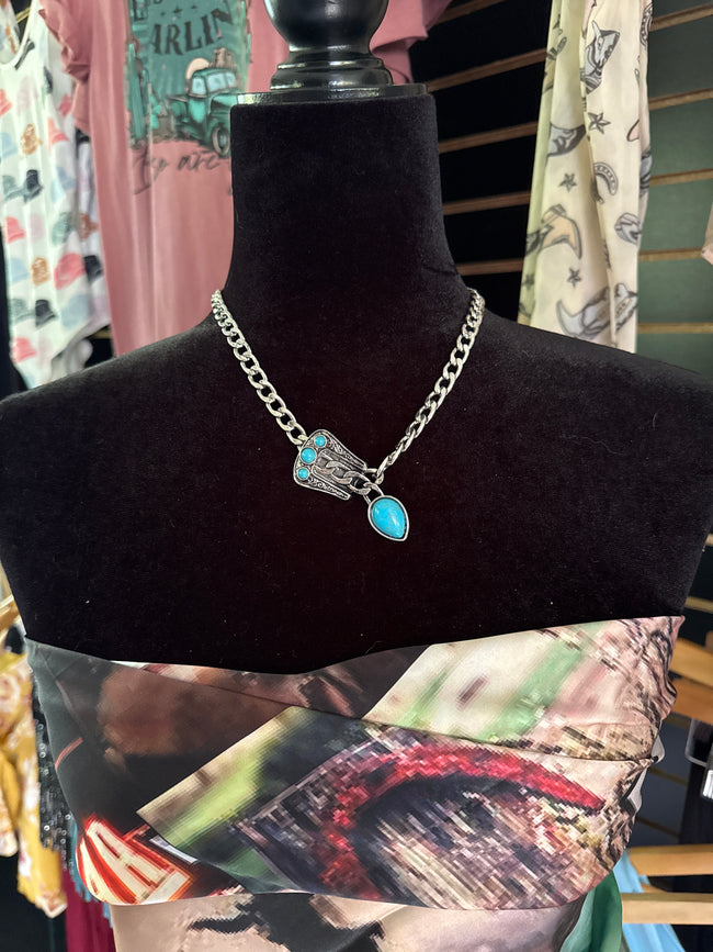 WESTERN CHAIN TXR SEMI STONE NECKLACE - SILVER / TURQUOISE