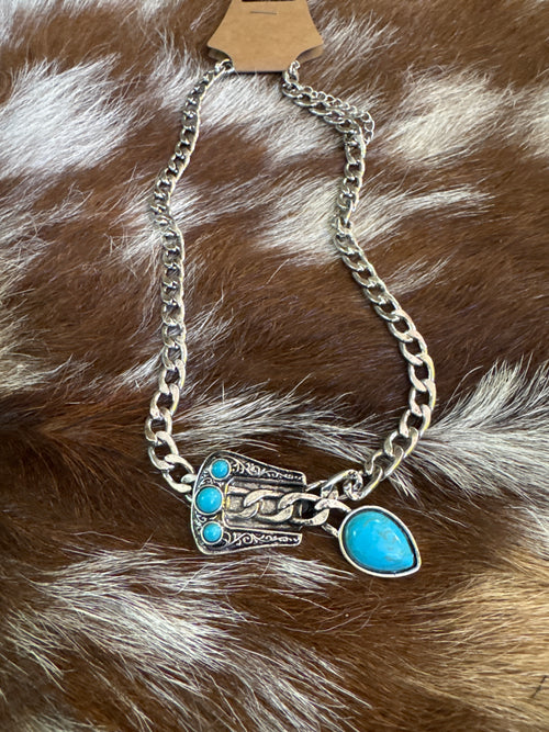 WESTERN CHAIN TXR SEMI STONE NECKLACE - SILVER / TURQUOISE