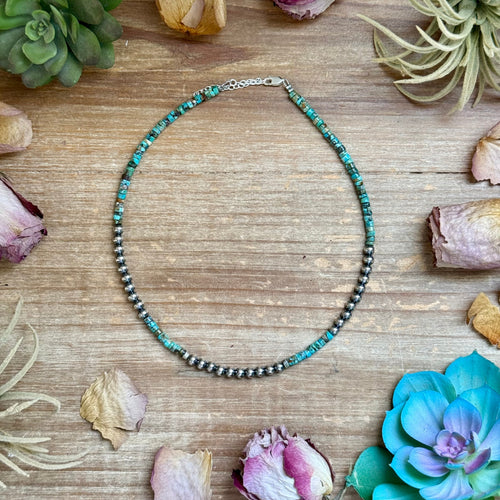 15” Heishi Turquoise Necklace – 4mm Turquoise & 5mm Sterling Silver Pearls