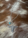 WESTERN PRINT RHINESTONE STEERHEAD NECKLACE - SILVER / BLACK / WHITE