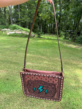 TURQUOISE LIGHTNING BOLT TOOLED LEATHER CROSSBODY BAG