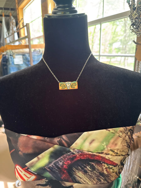 Leather Bull Skull Bar Necklace