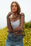 Bead and Pearl Embellished Long Sleeves Mesh Top - 2 Colors