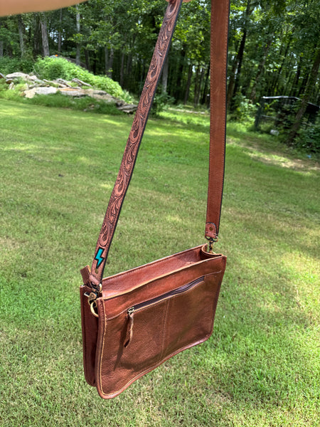 TURQUOISE LIGHTNING BOLT TOOLED LEATHER CROSSBODY BAG