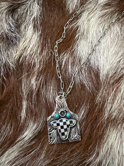 Checker Cow Tag Necklace
