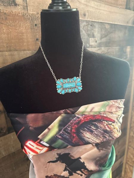 LARGE WESTERN HAND STONE BAR NECKLACE - SILVER / TURQUOISE