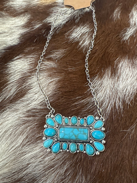 LARGE WESTERN HAND STONE BAR NECKLACE - SILVER / TURQUOISE