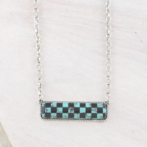 Checkered Pendant Bar Necklace