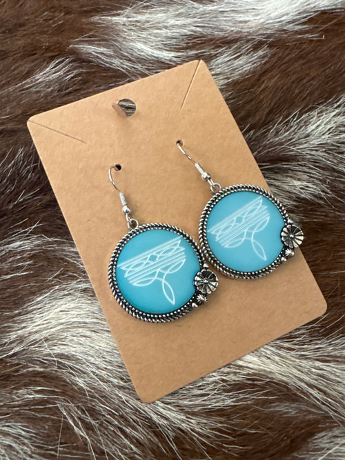 Western Boot Stitch Circle Earrings - Turq.