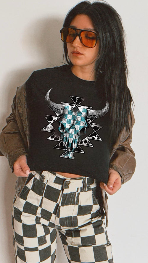 Turquoise Checkered Bull Skull Tee/Sweatshirt