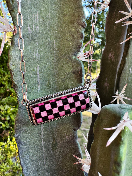 Pink Checkered Bar Necklace