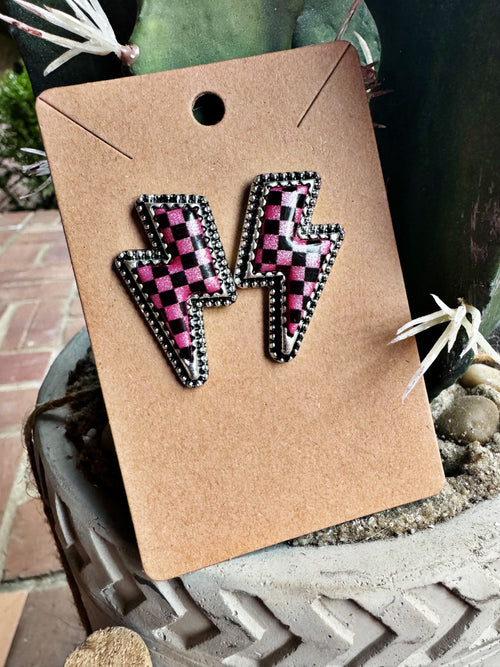 Checked Out Bolt Earrings -Pink