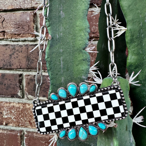 Large Checker w/ Turquoise Bar Necklace