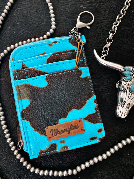 Wrangler Cow Print Zip Card Case - Turquoise