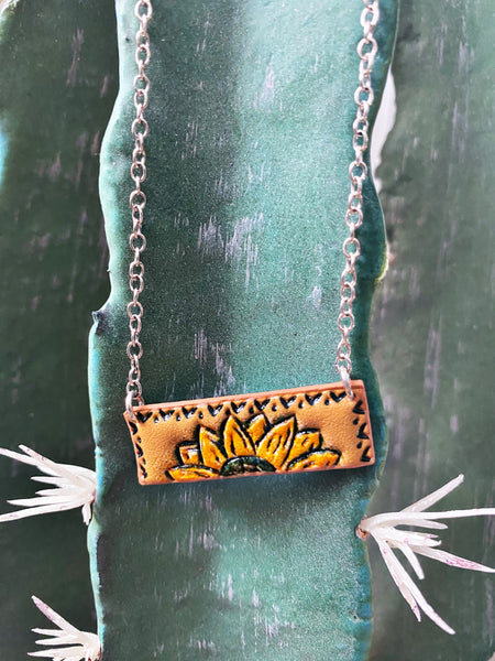 Leather Sunflower Bar Necklace