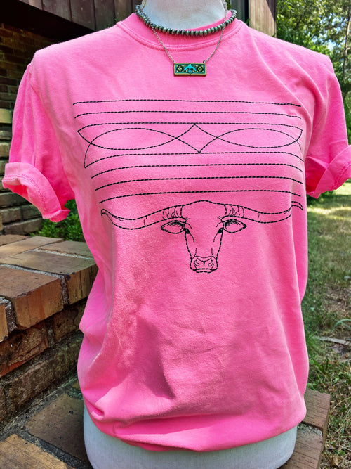 Boot Stitch Longhorn Tee - Neon Pink