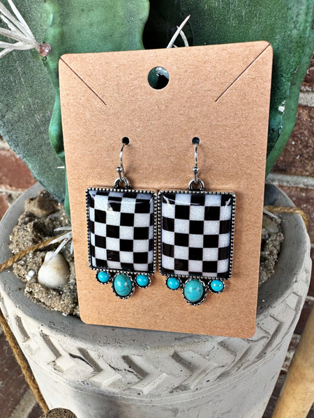 Oval Checker Stud Earrings - Turq.