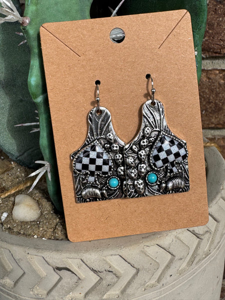 Oval Checker Stud Earrings - Turq.