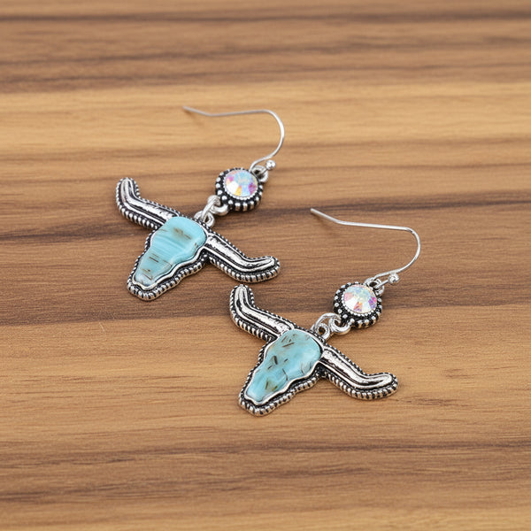 Western Steer Head Stone Dangle Earrings