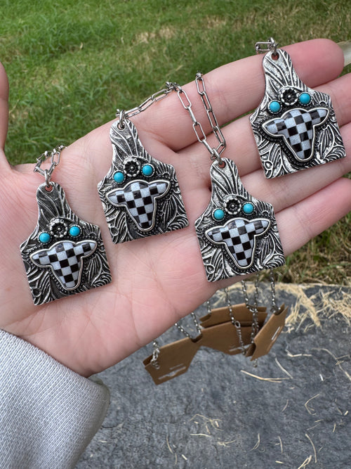 Checker Cow Tag Necklace