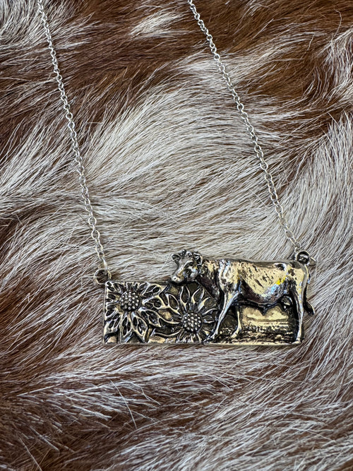 Sunflower Cow Bar Necklace