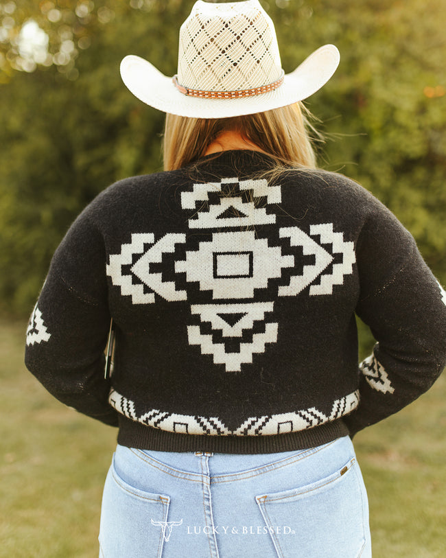 Black Long Sleeve Cream Aztec Embroidered Sweater