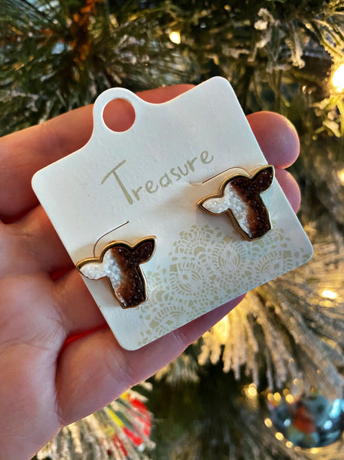 Druzy Cow Earrings - Brown